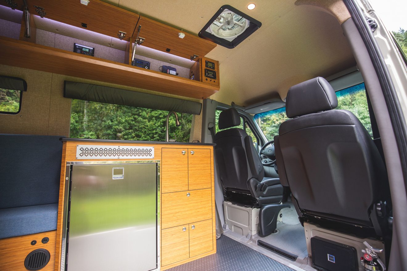 custom van conversion land yacht 2019 mercedes benz sprinter 170 4wd interior galley kitchen refrigerator