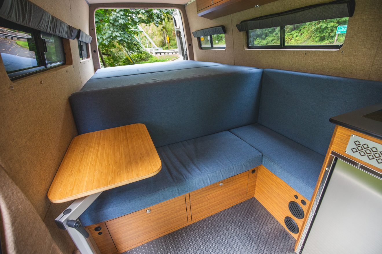custom van conversion land yacht 2019 mercedes benz sprinter 170 4wd interior galley raised bed platform extra sleeping storage drawer removable table