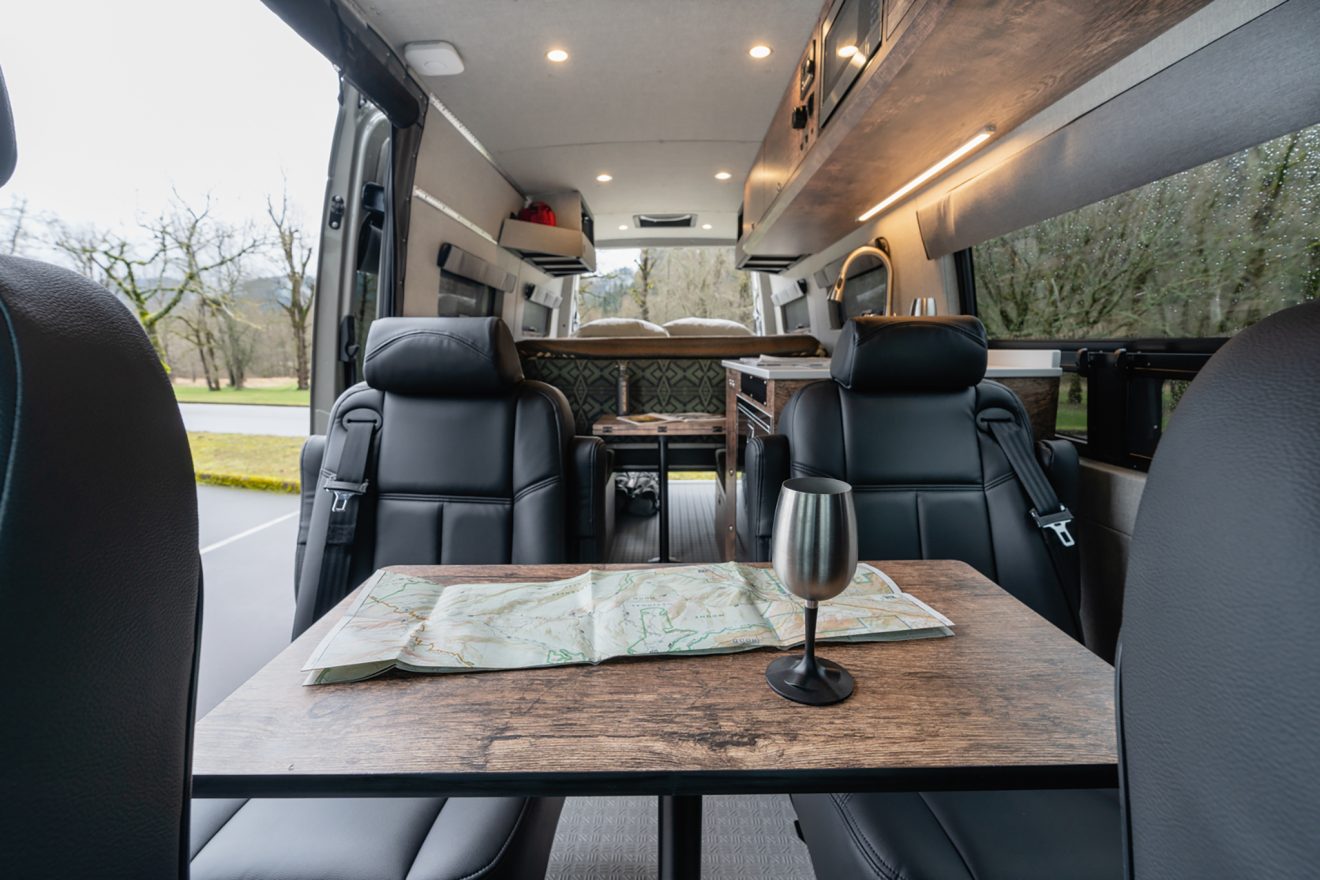 custom van conversion Tumbleweed 2021 mercedes benz sprinter 170 4wd seat four sleep three passenger slider door dot-approved captain's chairs removable table