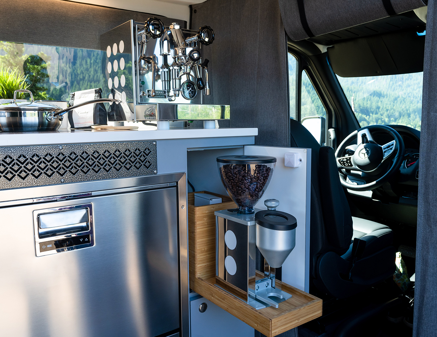 custom van conversion Ristretto 2020 mercedes benz sprinter 170 dually 4wd graphite grey galley kitchen espresso machine coffee coffee beans
