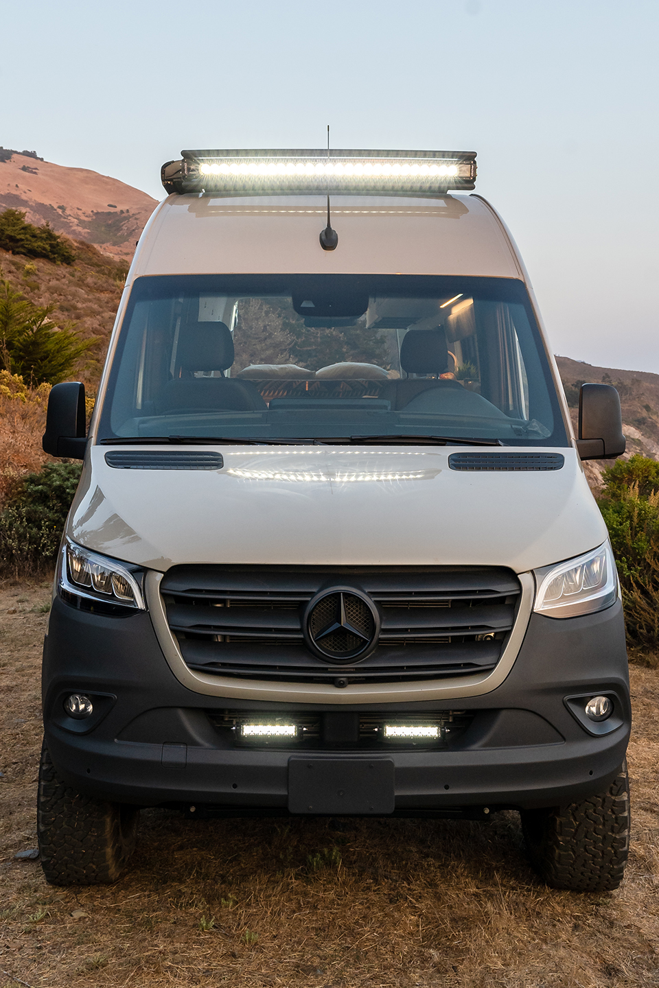 Front of Sprinter van with 50" light bar and dual 6" fog lights