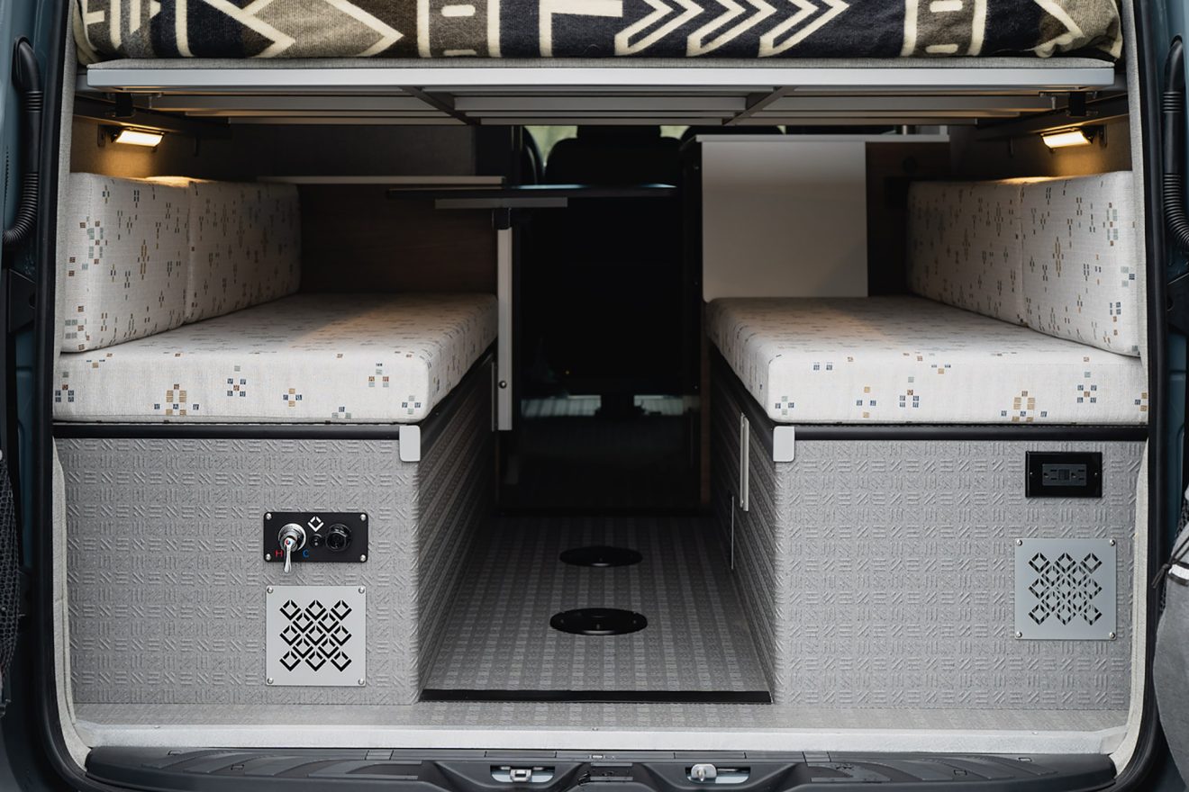 Rear garage interior with custom upholstered bench seats