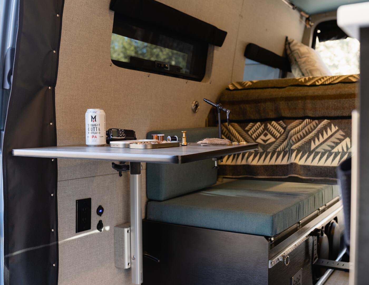 custom van conversion Stingray 2020 mercedes benz sprinter 170 dually 4wd interior lagun table fly fishing fly tying