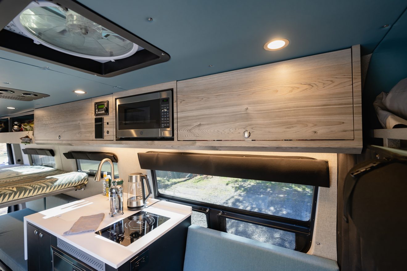 custom van conversion Stingray 2020 mercedes benz sprinter 170 dually 4wd overhead cabinetry microwave