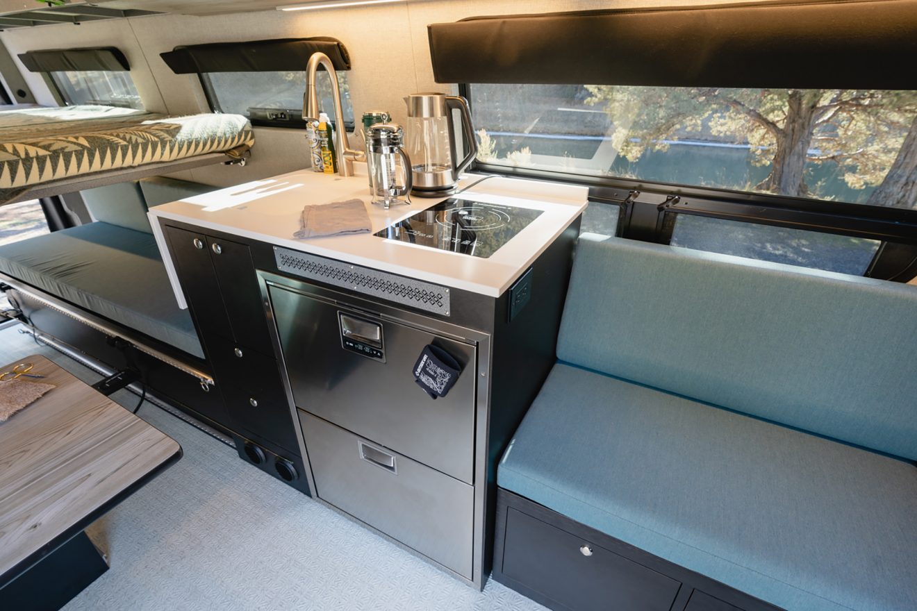custom van conversion Stingray 2020 mercedes benz sprinter 170 dually 4wd interior galley kitchen bench
