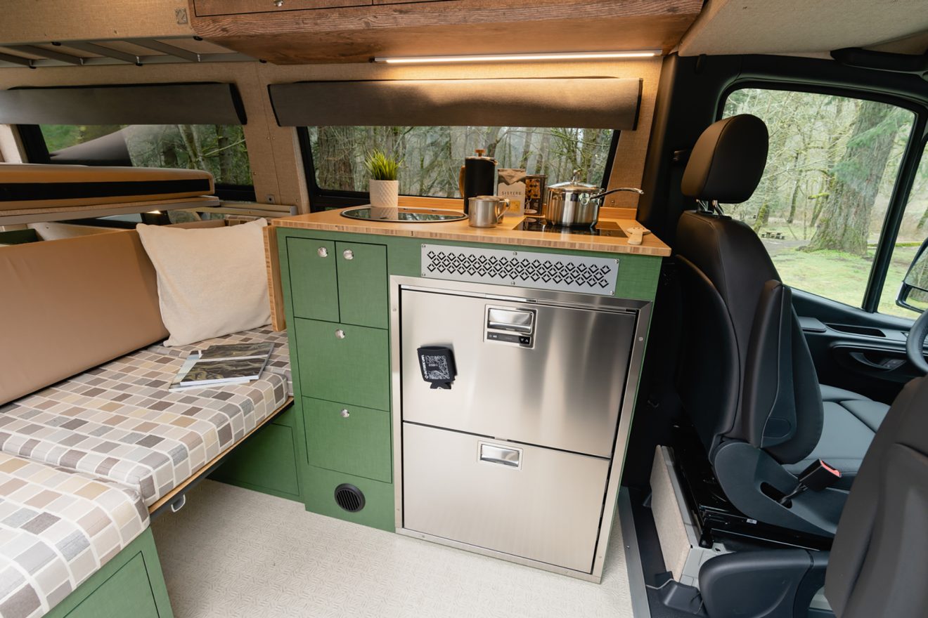 custom van conversion slow journey 2021 mercedes benz sprinter 144 4wd vitrifrigo refrigerator galley kitchen