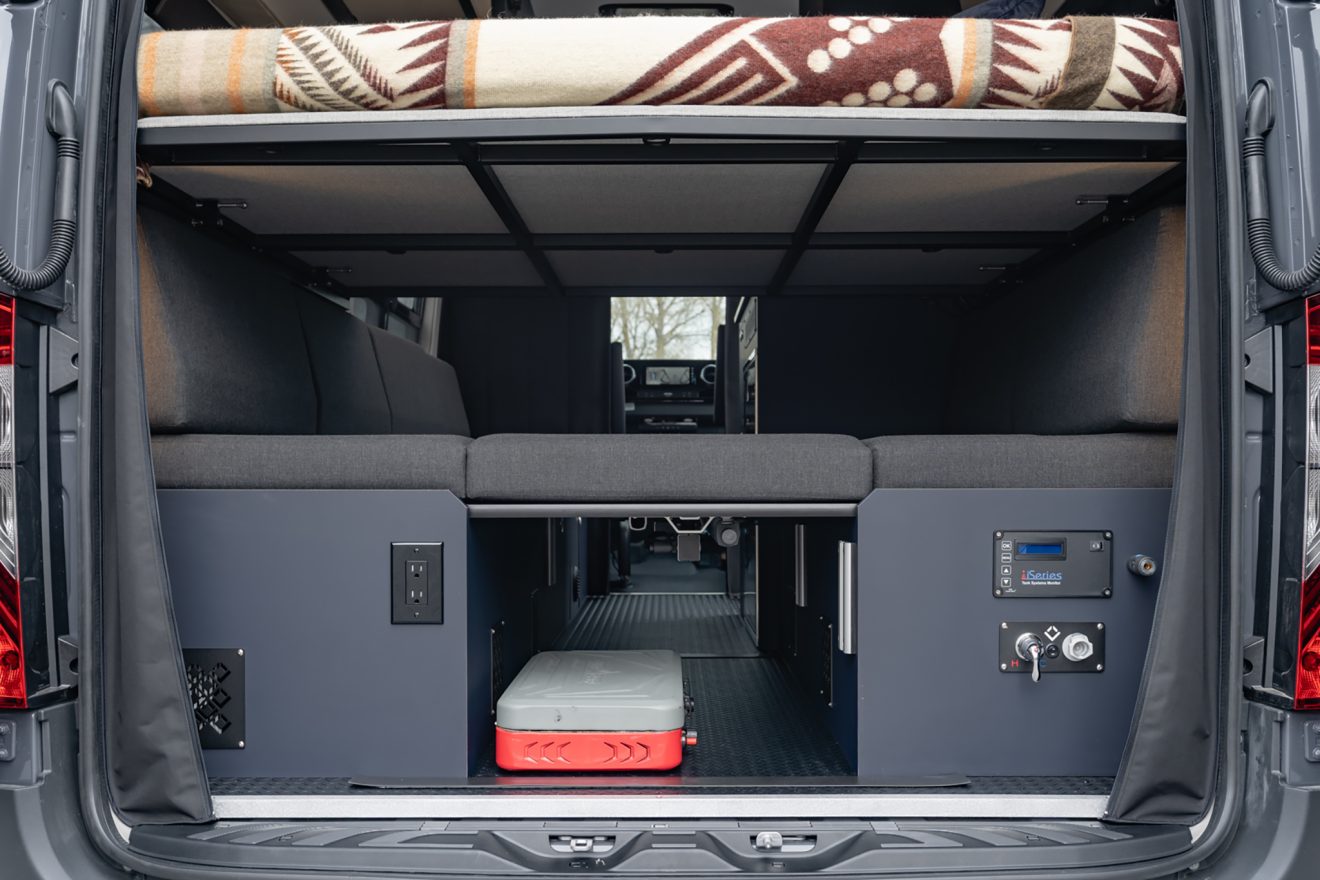custom van conversion Joint Venture Van 2021 mercedes benz sprinter 144 4wd seat two sleep four rear interior garage extra sleeping