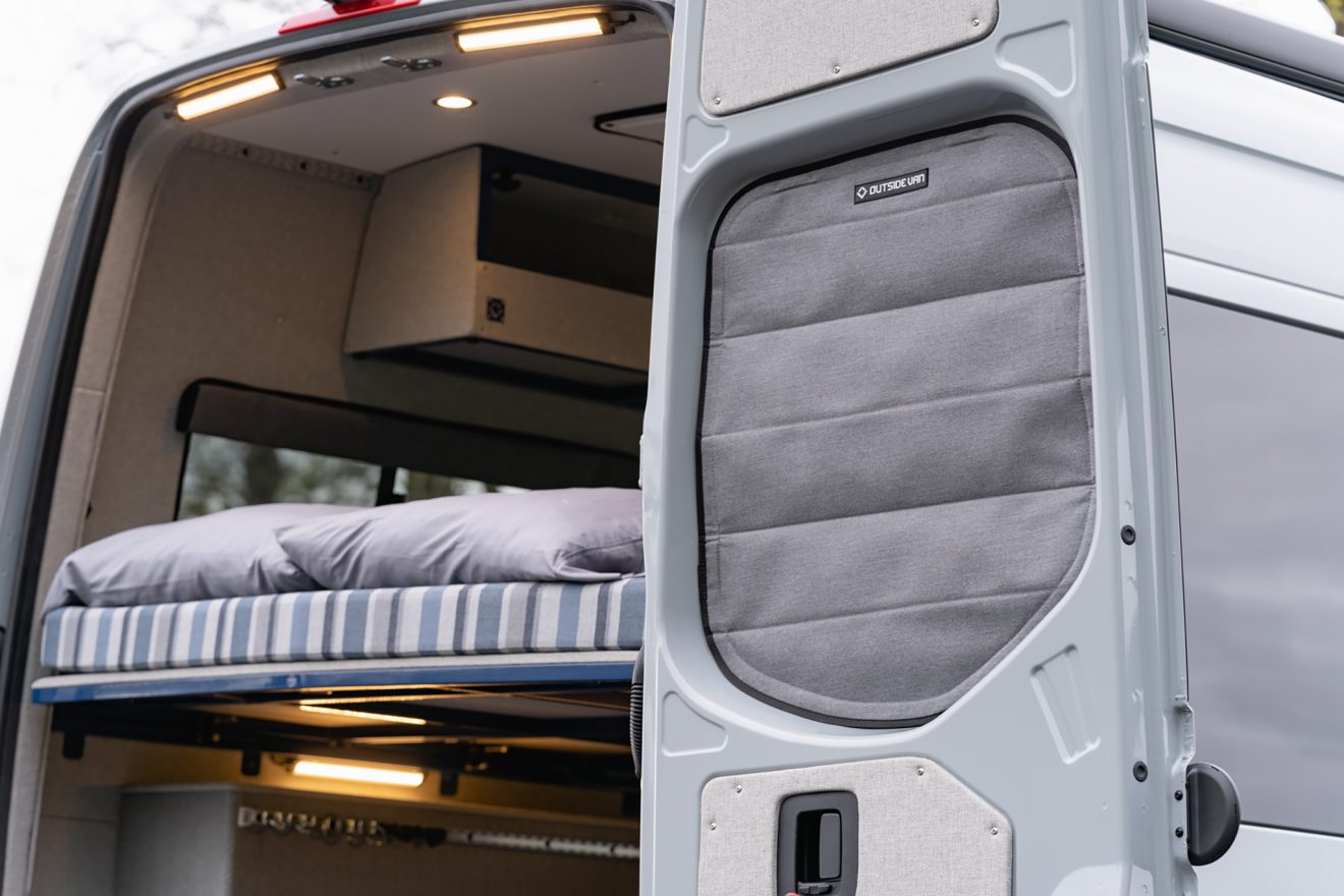 custom van conversion nor’easter 2021 mercedes benz sprinter 144 4wd seat two sleep three rear interior garage window coverings