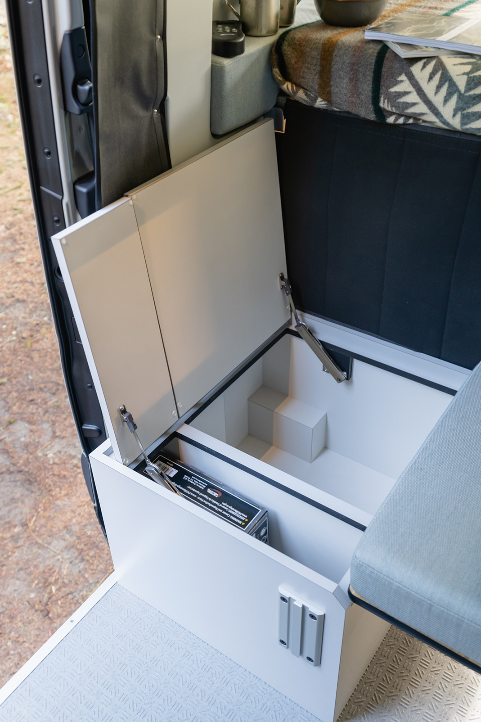 custom van conversion the gray goose 2020 mercedes benz sprinter 144 4wd passenger slider storage box