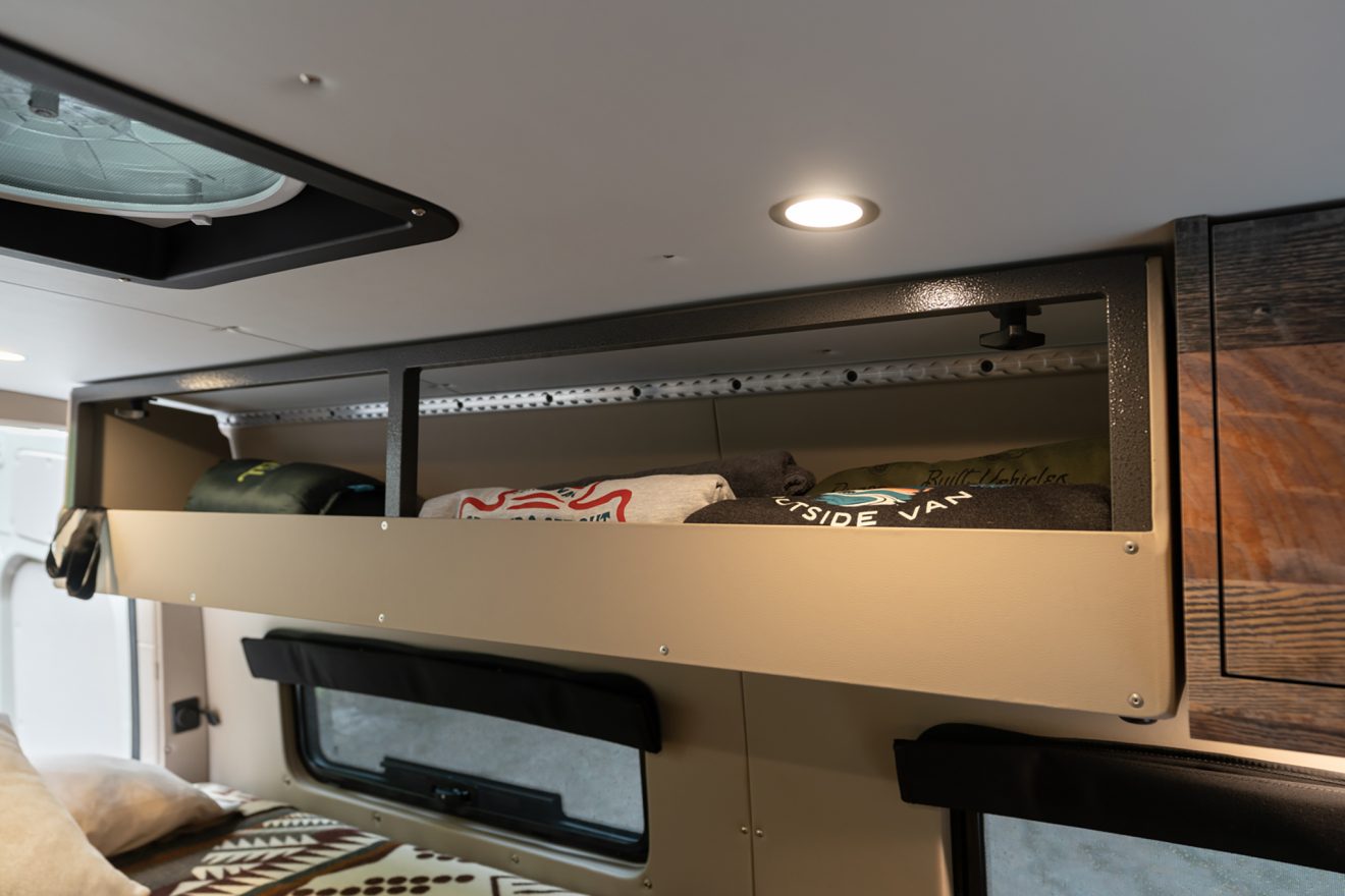 custom van conversion Trail Mix 2021 mercedes benz sprinter 170 4wd seat two sleep three overhead exoskeleton cabinet