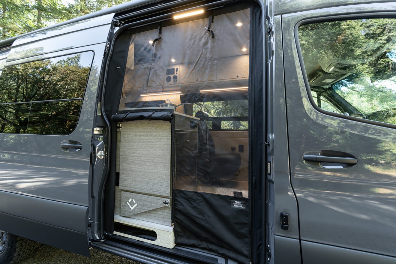 custom van conversion OBI 2022 mercedes benz sprinter 170 4wd seat three sleep three passenger slider galley kitchen mesh bug screen slider door