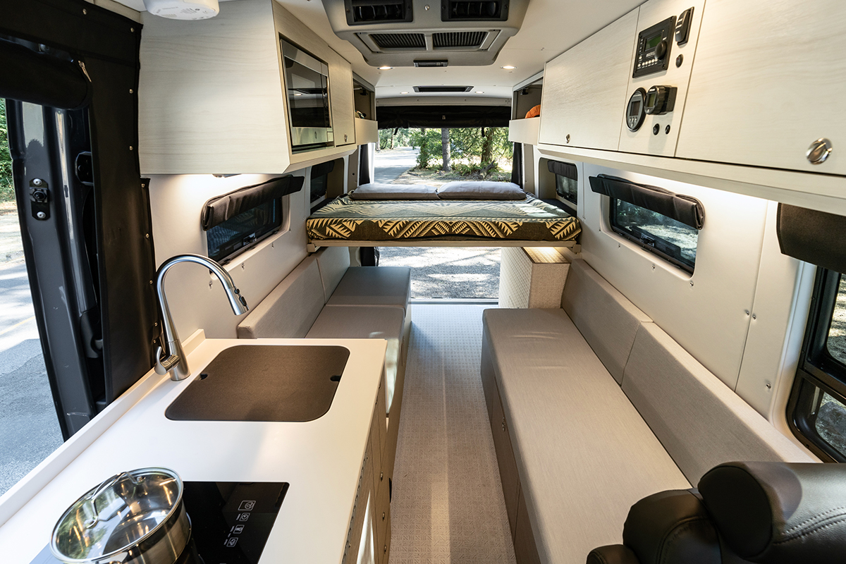 custom van conversion OBI 2022 mercedes benz sprinter 170 4wd seat three sleep three interior cabin