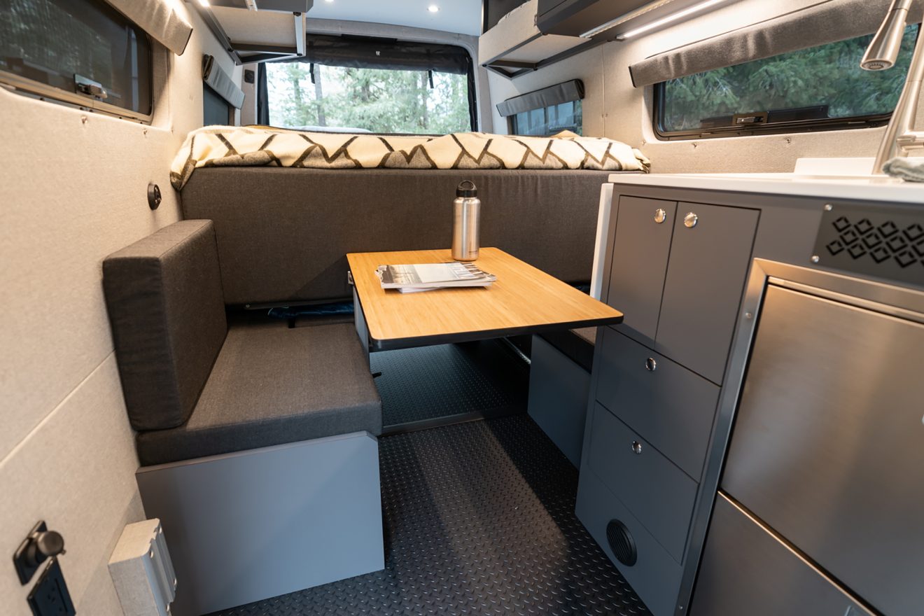 custom van conversion illahee 2021 mercedes benz sprinter 170 4wd dually graphite grey removable interior table