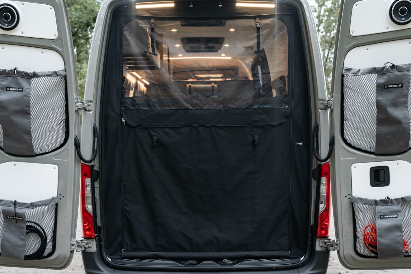 custom van conversion atlantis 2021 mercedes benz sprinter 170 4wd seat two sleep three exterior rear garage storage space bug screen