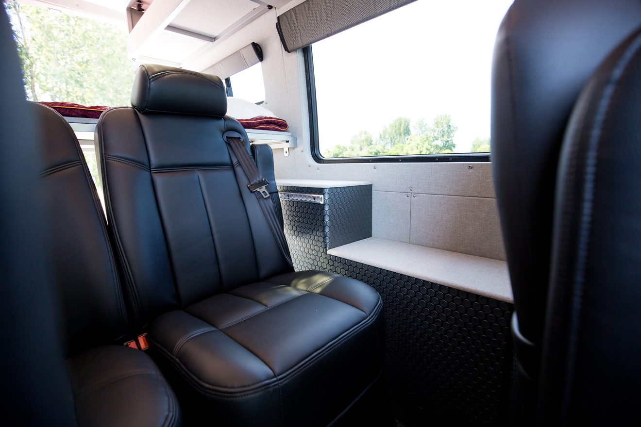 Detail of interior boxes in custom off road sprinter van