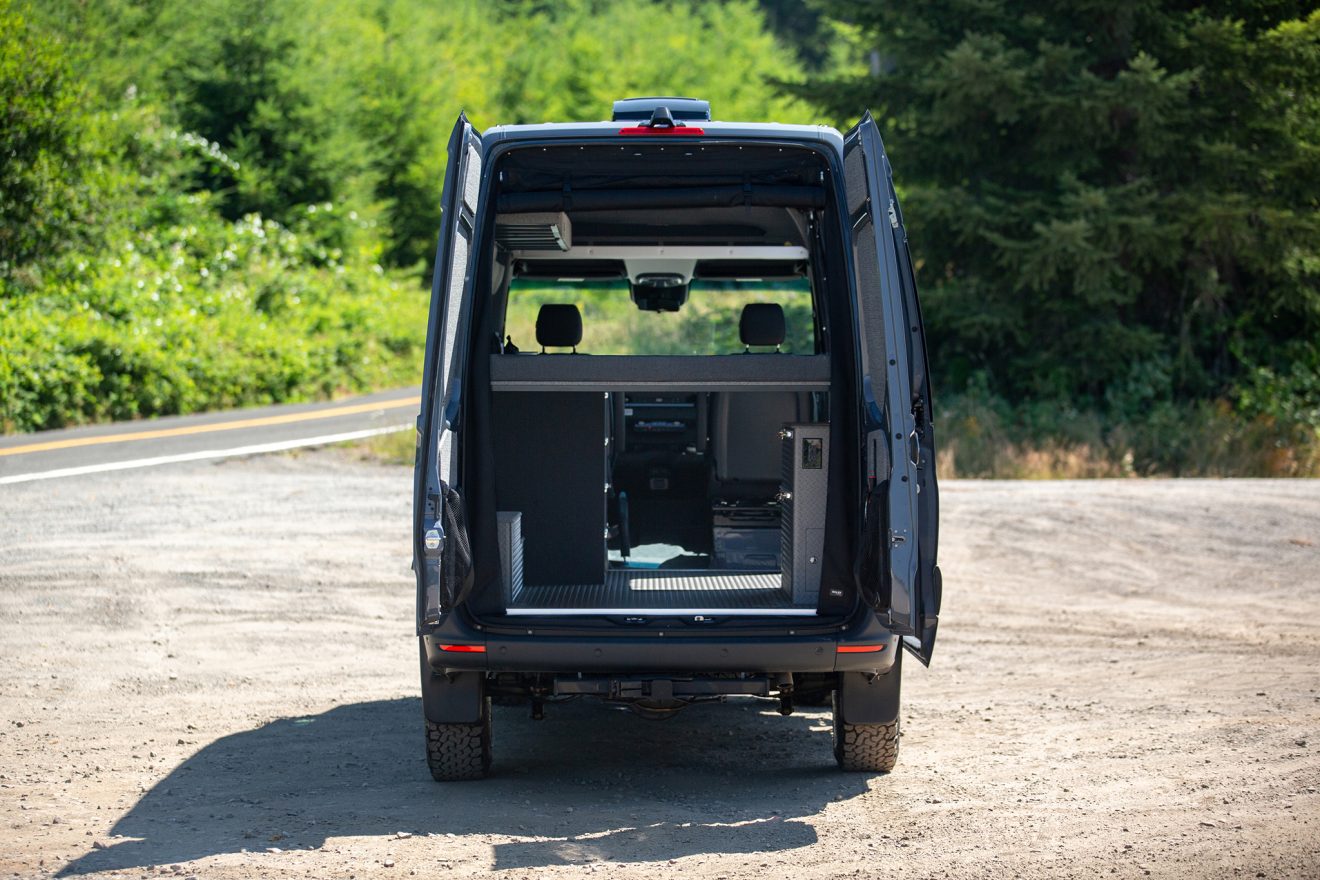 Custom off road 144 sprinter van interior shown through back doors