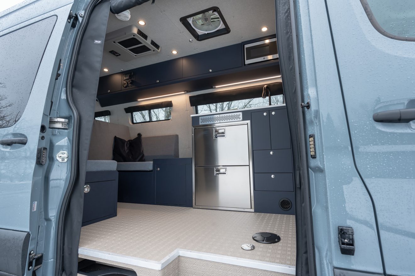 custom conversion fridakargo 2022 mercedes benz sprinter 170 4wd interior galley kitchen