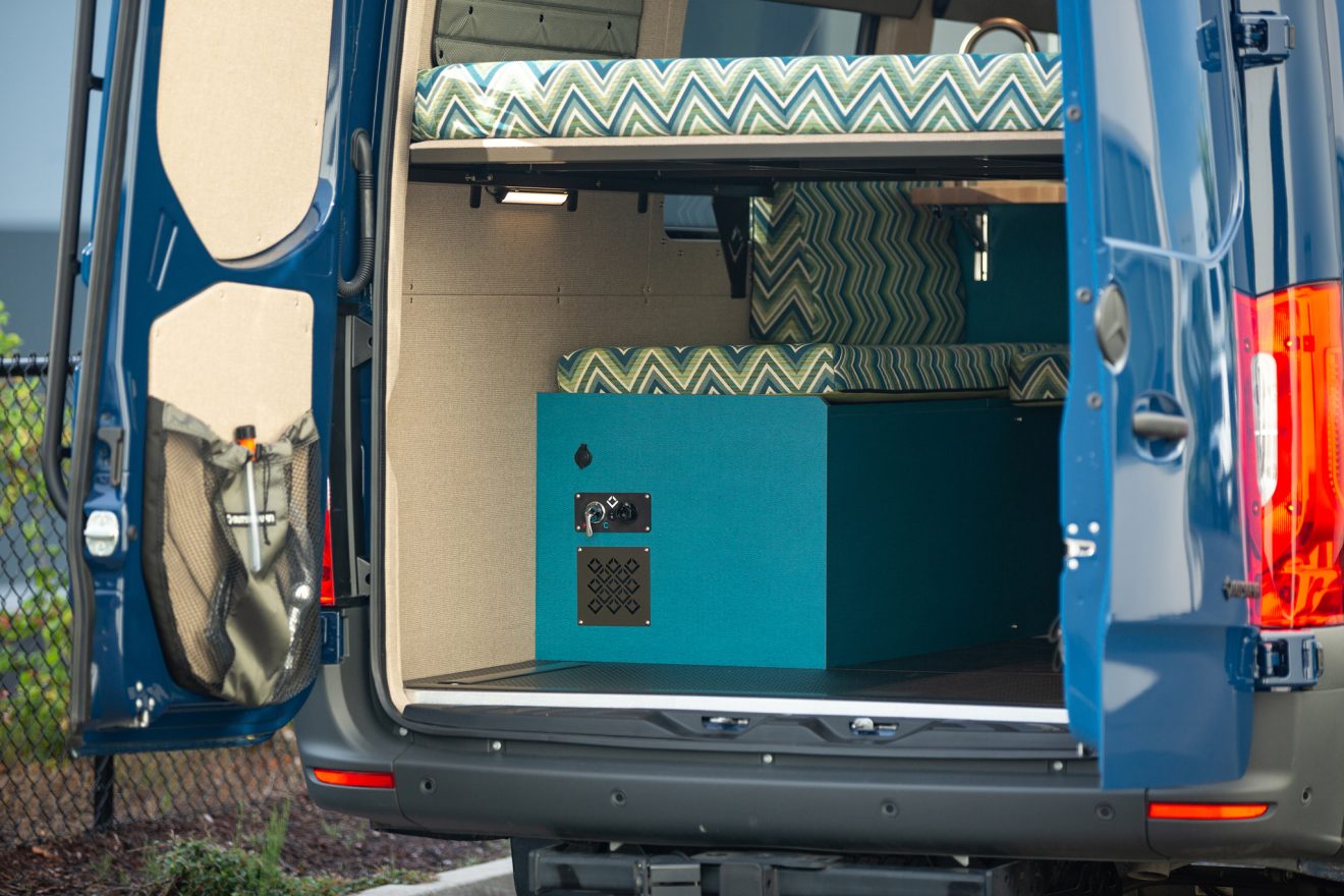 Back doors open on custom built off road sprinter van