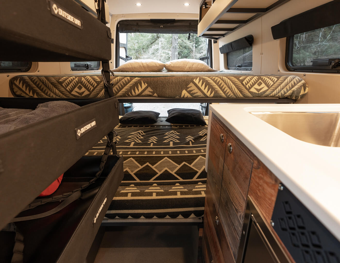 custom conversion ladybug mercedes benz sprinter 170 4wd interior hanging shelves extra sleeping