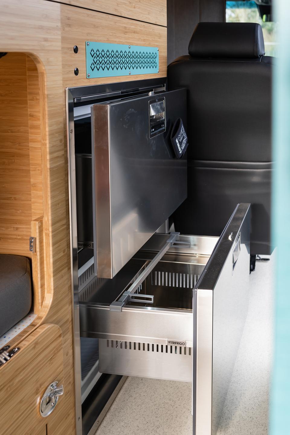 custom van conversion ouistiti 20210 mercedes benz sprinter 170 4wd galley kitchen dual stainless steel refrigerator