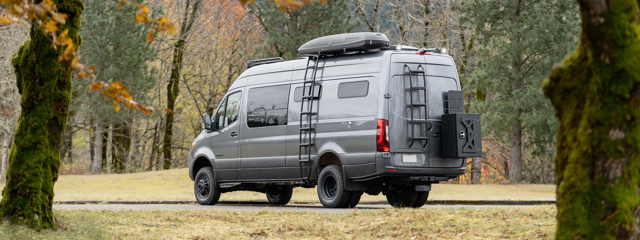Exterior shot of a grey van with a rooftop box, driver-side ladder, rear door ladder, and storage box in a green forest