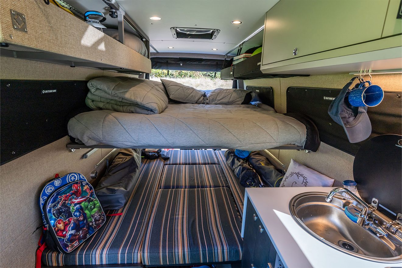 custom van conversion par four 2019 mercedes benz sprinter 170 4wd raised bed lower sleeping area sofa bench