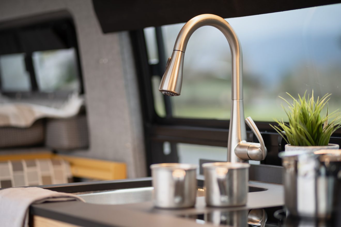 Galley kitchen, sink and pulldown faucet
