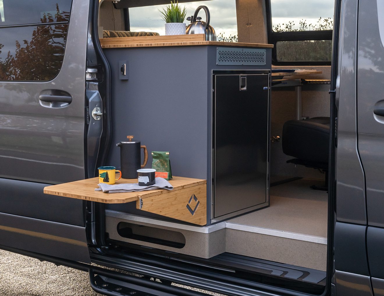 Open passenger slider door with dropdown table galley kitchen 2020 Mercedes-Benz Sprinter 170 high roof 4WD