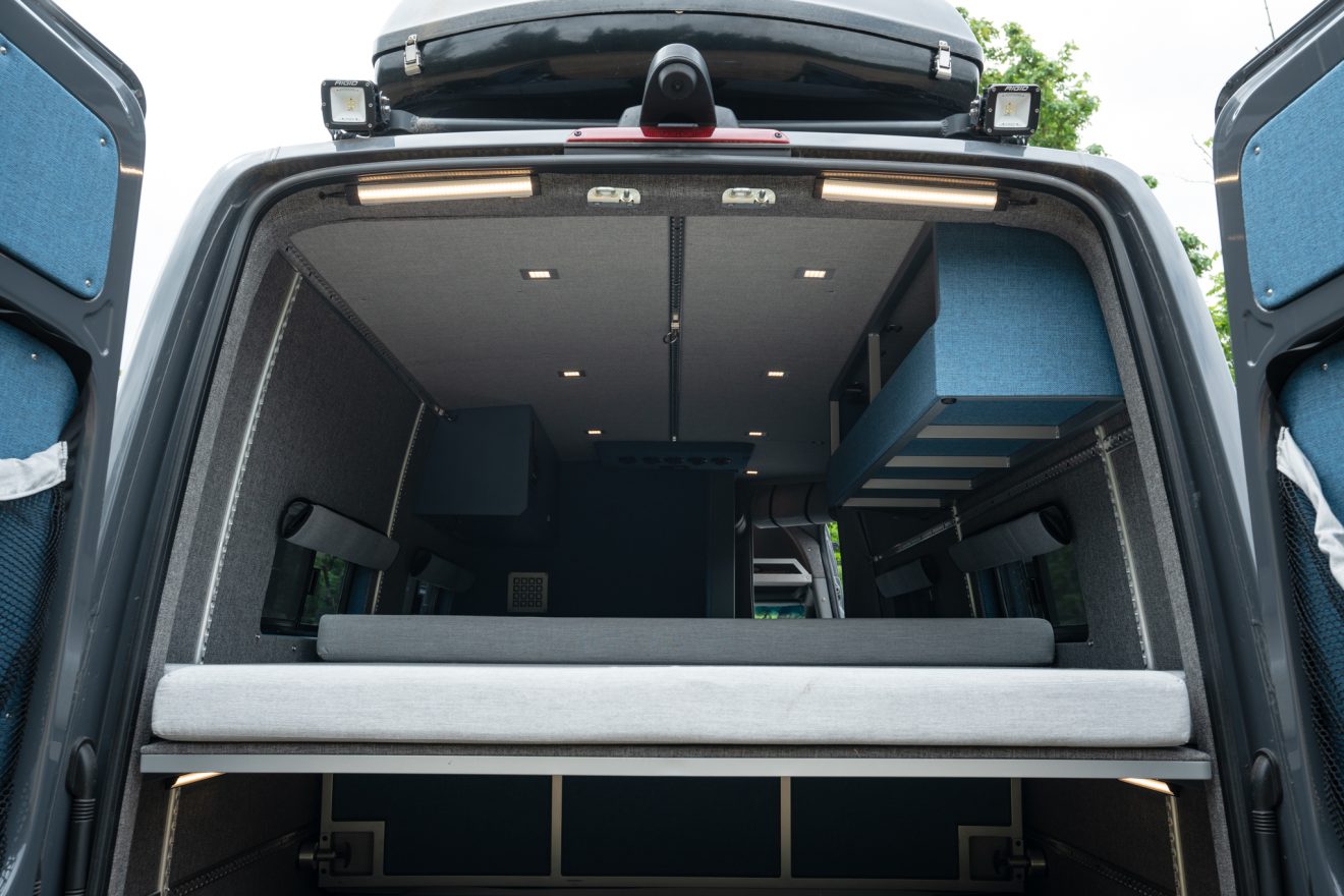A converted mercedes sprinter 170 extended named Off Grid built by Outside Van