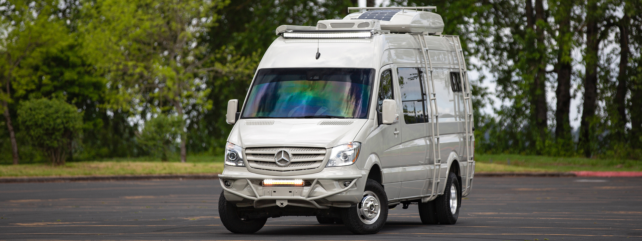 Fully color matched luxury van built to be off grid for extended times. Mercedes pebble grey sprinter 4wd that has a sporty exterior that is built with all the comforts of home.