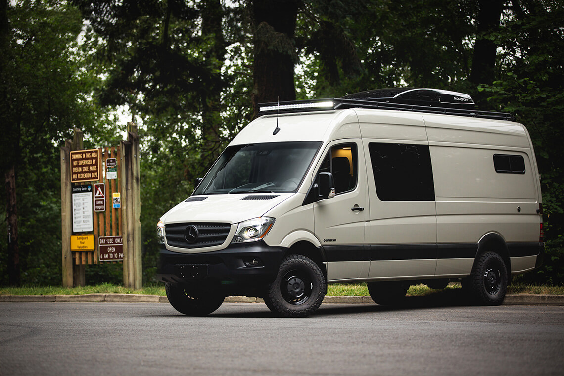 Custom Outside Van called Maui, seating and sleeping for two with exterior shower