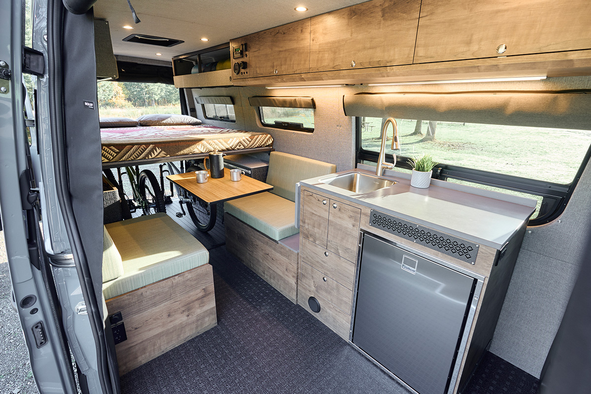 Cuckoo's Nest is a custom sprinter van with kitchen and dining area built by Outside Van in Portland Oregon